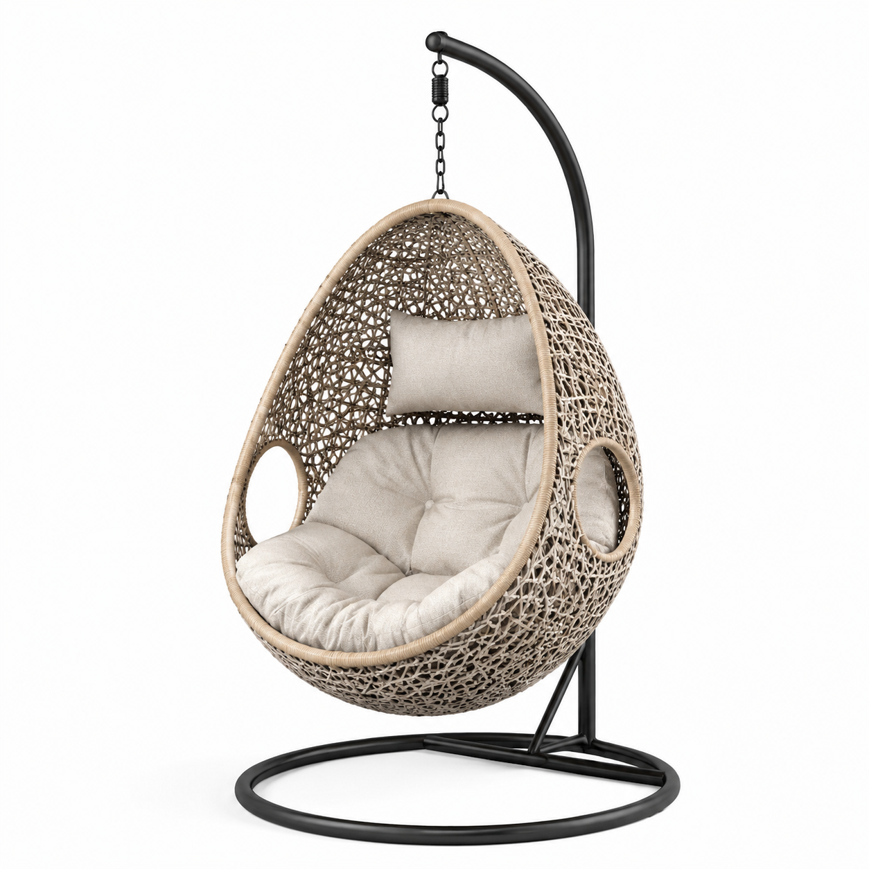 Hängesessel mit Standgestell, 105 x 105 x 195 cm, Taupe/Beige/Schwarz, für Innenräume und geschützte Außenbereiche