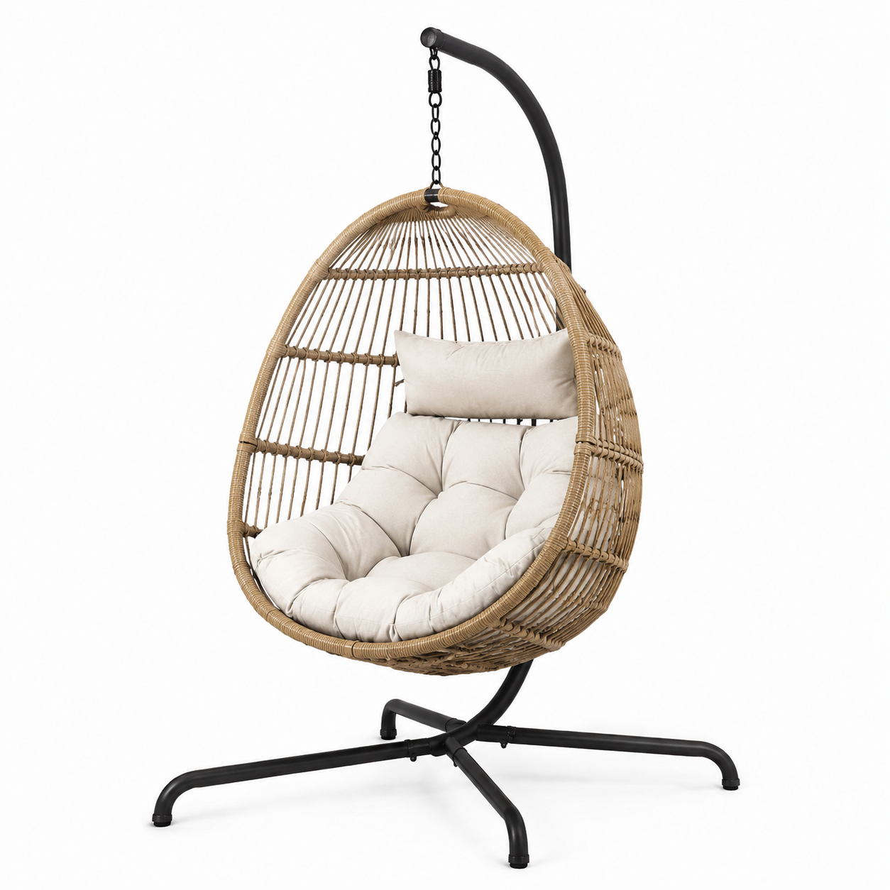Freistehender Hängesessel mit Gestell und Polstern, 105 x 105 x 195 cm, Braun/Beige/Schwarz
