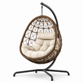 Hängesessel aus braunem Polyrattan mit schwarzem Stahlgestell und beiger Auflage, 105 x 105 x 195 cm