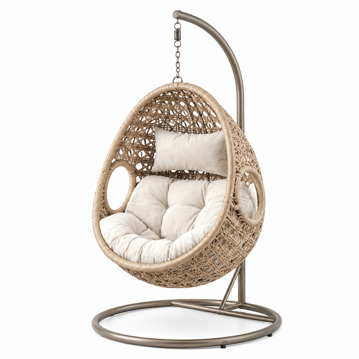 Hängesessel aus beigem Polyrattan mit Stahlgestell und cremeweißen Polstern, 105 x 105 x 195 cm
