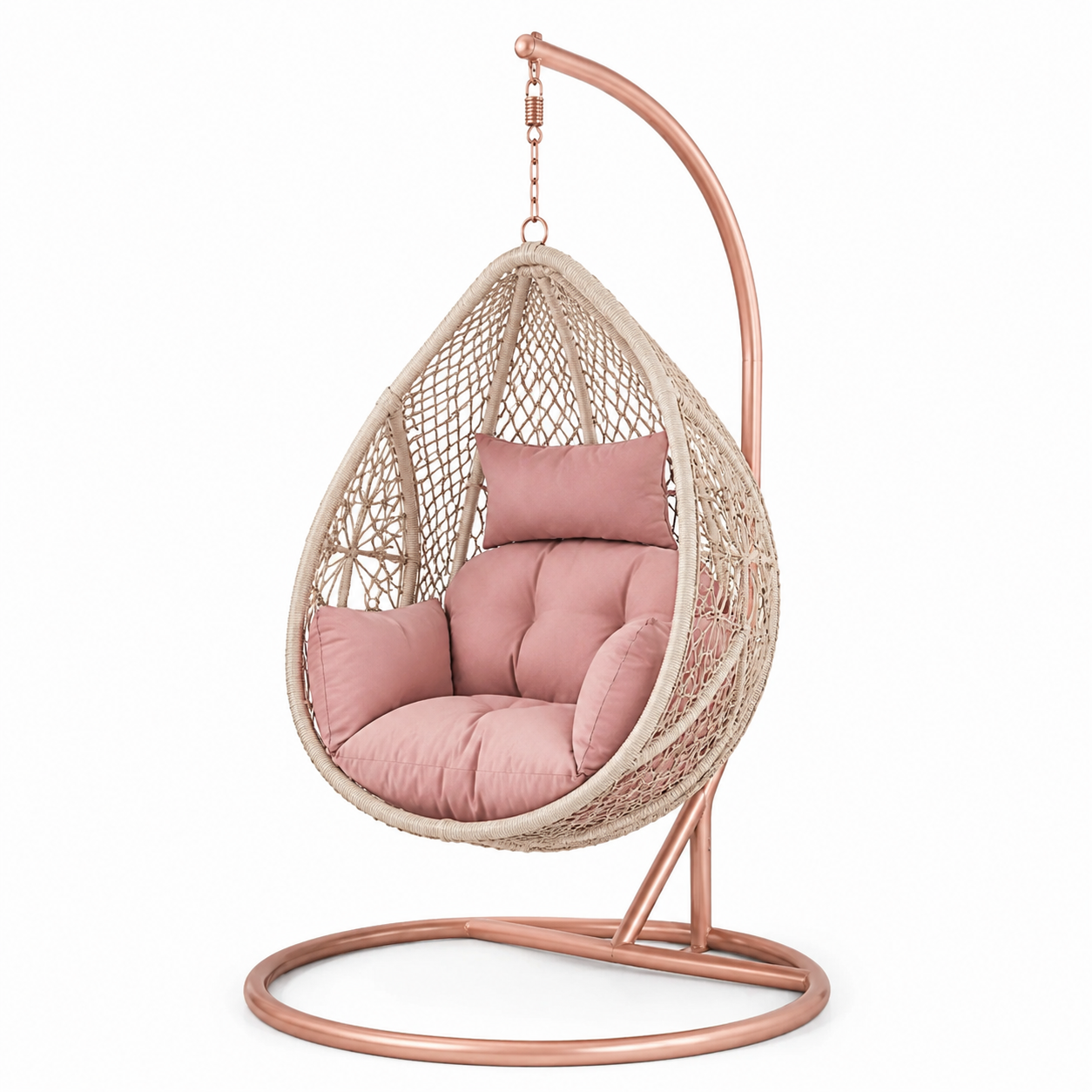 Freistehender Hängesessel aus Metall und Geflecht, Beige/Rosa/Roségold, 105 x 105 x 195 cm